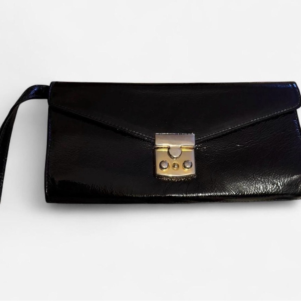 Zina Eva Black Patent Clutch with Gold Hardware